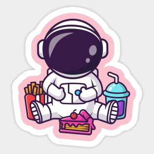 Cute Fat Astronaut Eating Cake With French Fries And Soda Cartoon Sticker